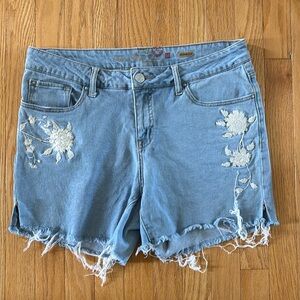 Vintage 90s cutoff floral jean‎ embroidered Bermuda denim shorts size 14